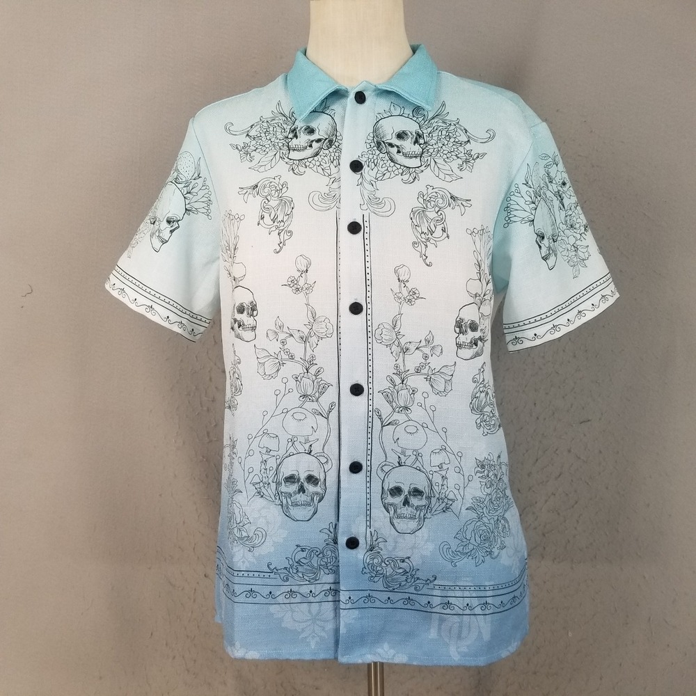 Reason Button Down Shirt Mens L Light Blue Skull Mushroom Graphic Streetwear S82